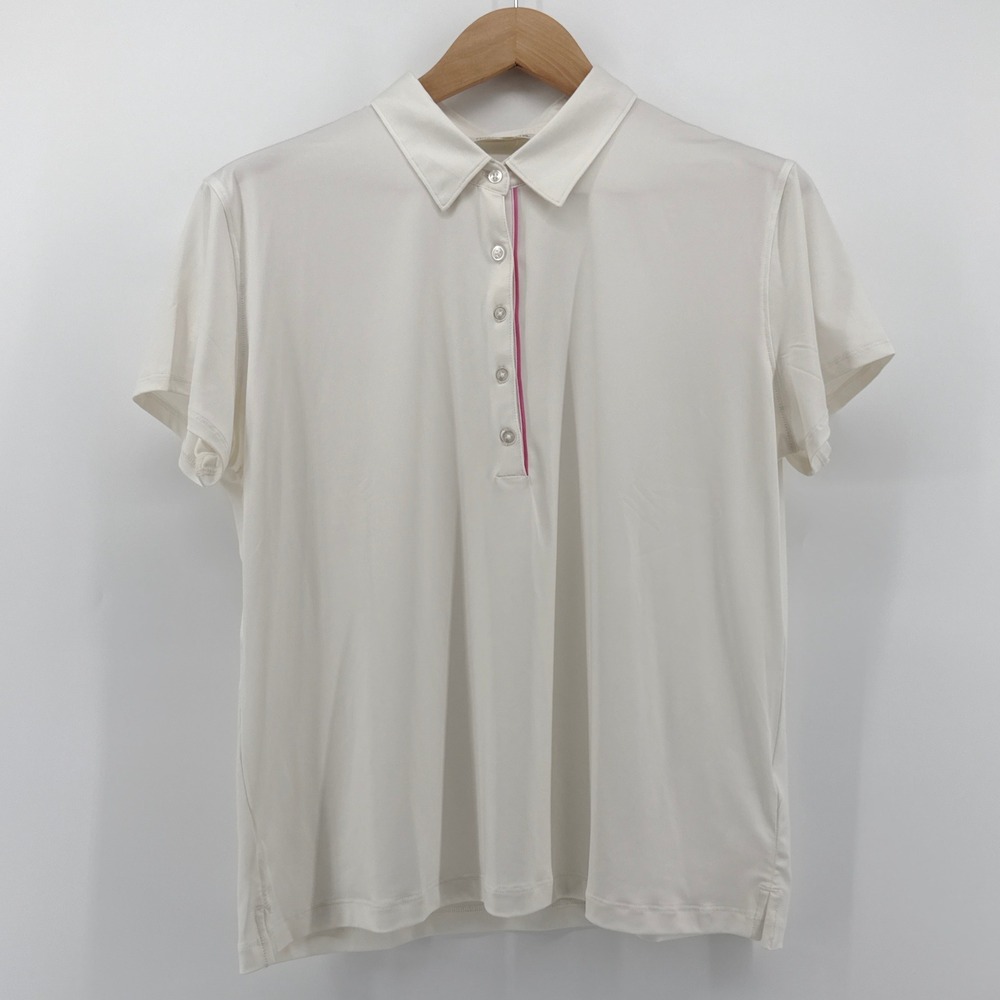 7 Diamonds Womens Capri Polo XL White Short Sleeve Shirt Pink Trim 4 Way Stretch